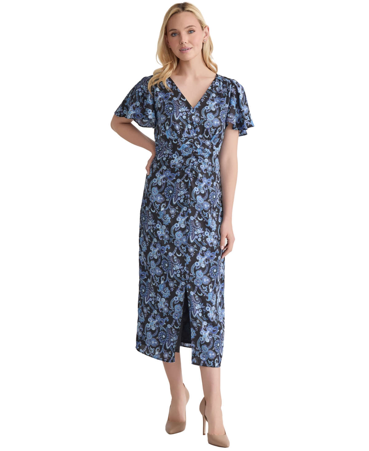 Women's Printed Shirred Flutter-Sleeve Midi Dress - Jones Black Multi