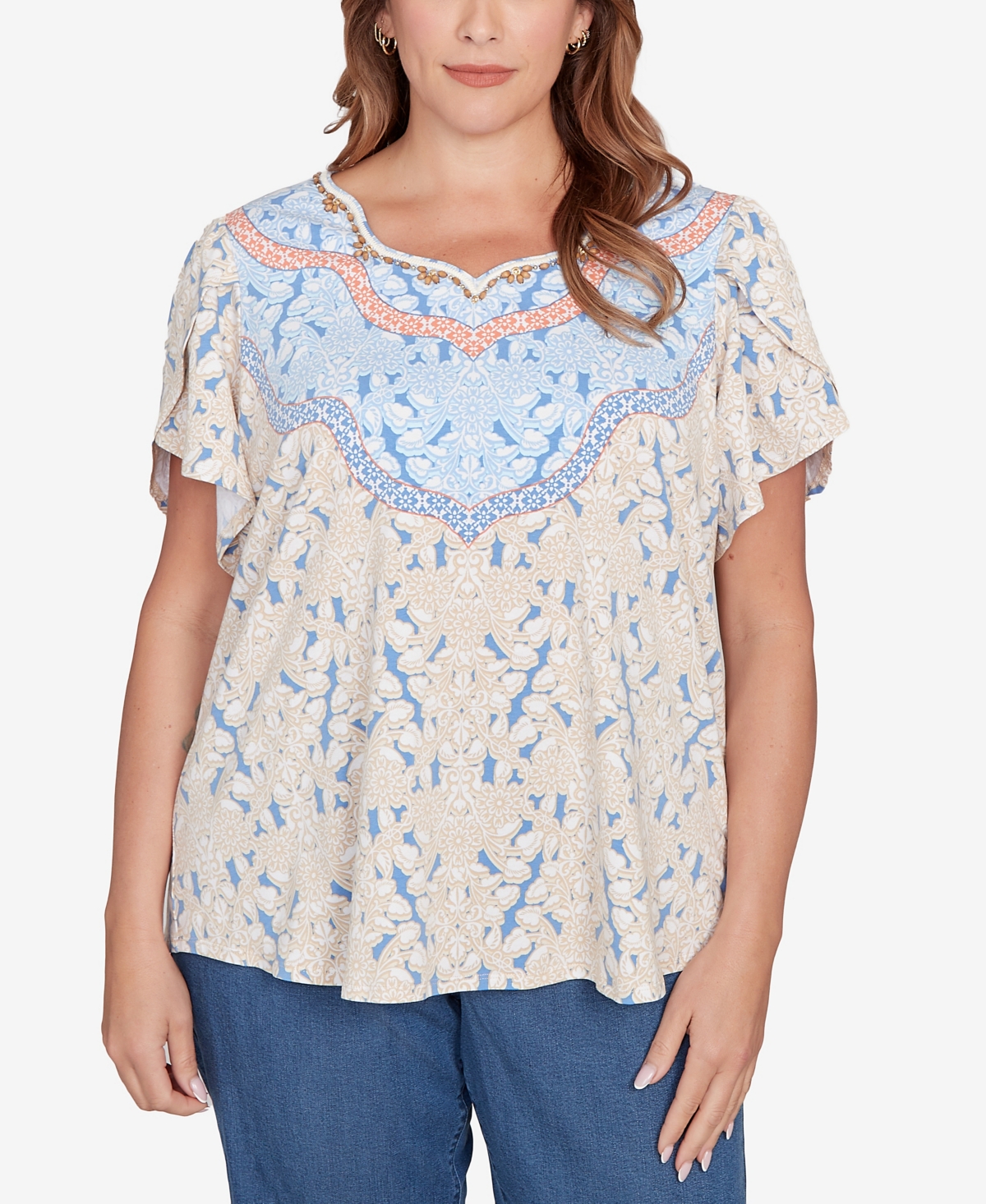 Plus Size Embellished Scallop Printed Top - Jute Multi