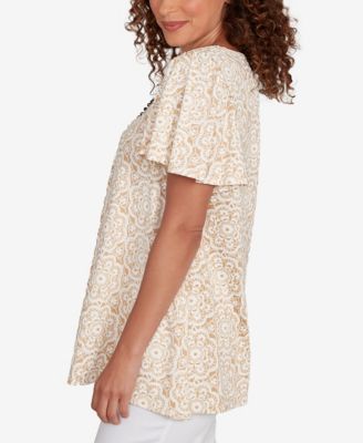 Plus Size Beaded Macrame Puff Print Top