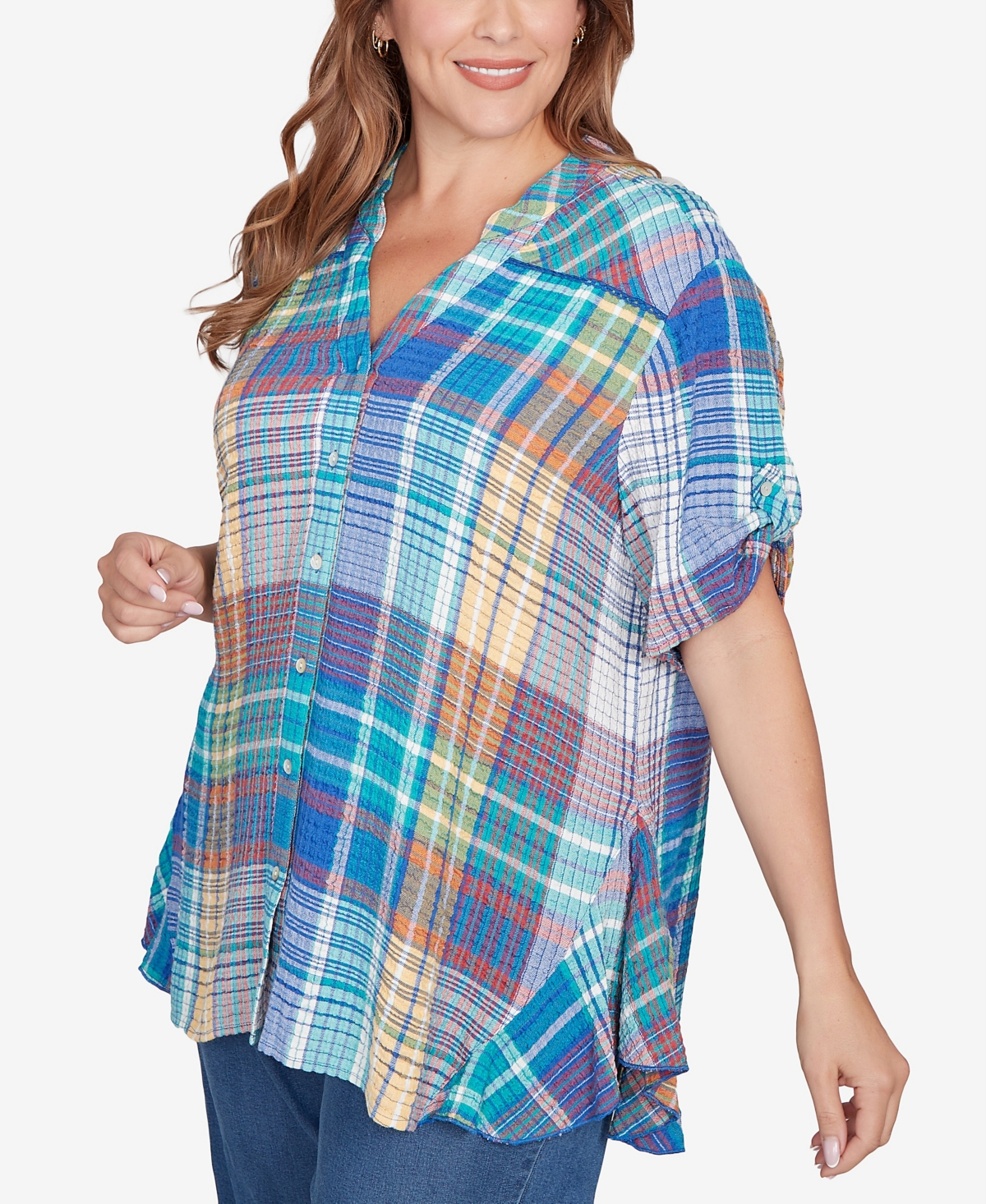 Ruby Rd. Plus Size Crinkle Knit Plaid Button Down Top