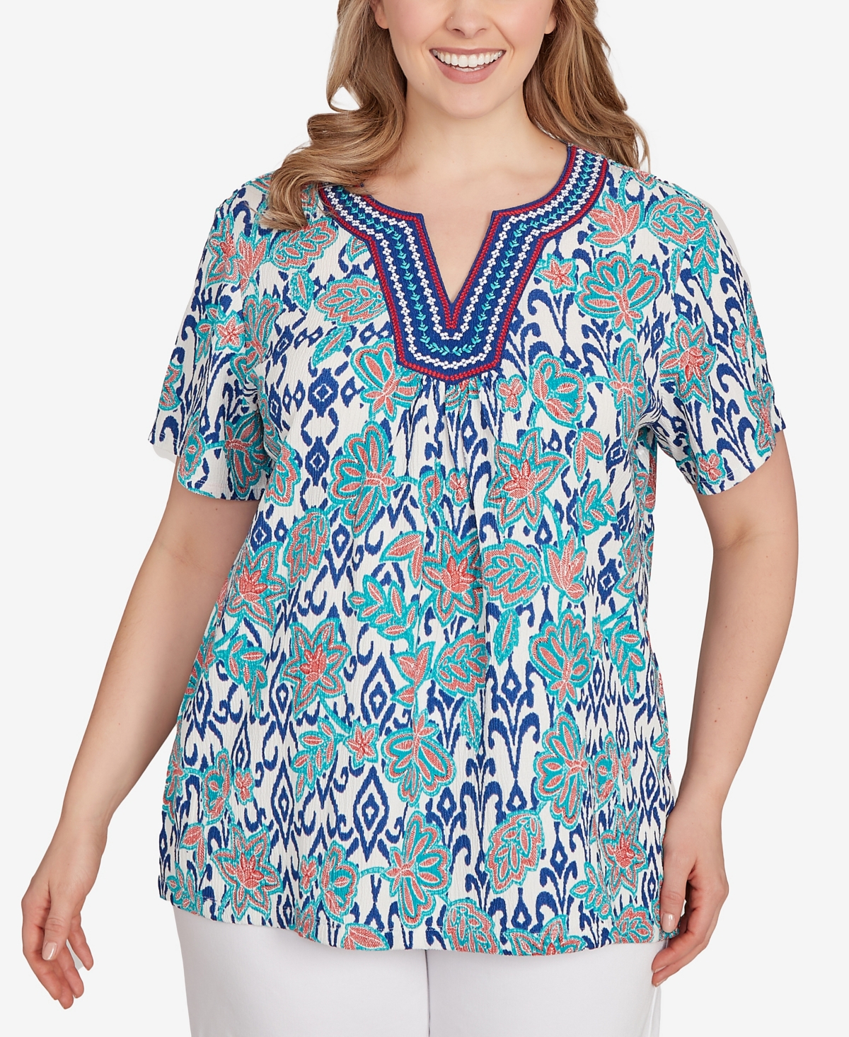 Plus Size Floral Overlay Ikat Embroidered Top - Turquoise Multi