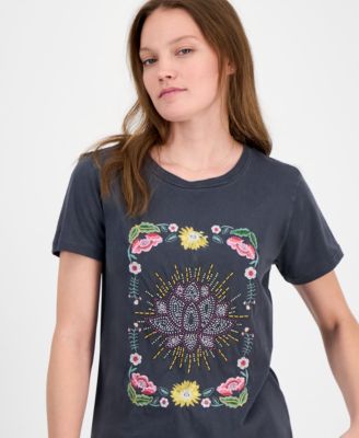 Women's Beaded Lotus Crewneck Cotton T-Shirt 
