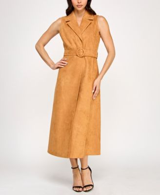 Planet Gold Juniors' Faux-Suede Sleeveless Jacket Midi Dress