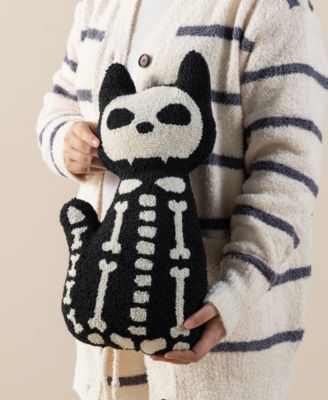Halloween Hooked Skeleton Cat Shaped Decorative Pillow, 9" x 4"