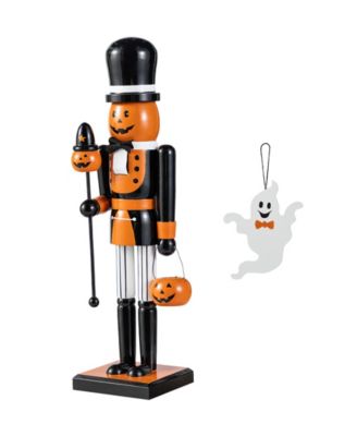 Halloween Wooden Pumpkin Nutcracker with Ghost Ornament, Set of 2