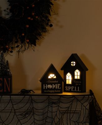Lighted Halloween Wooden House-shaped Table Decor, Set of 2