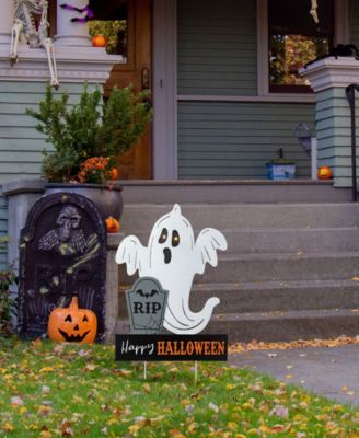 32.25" Lighted Halloween Metal Ghost Tombstone Yard Stake with Timer