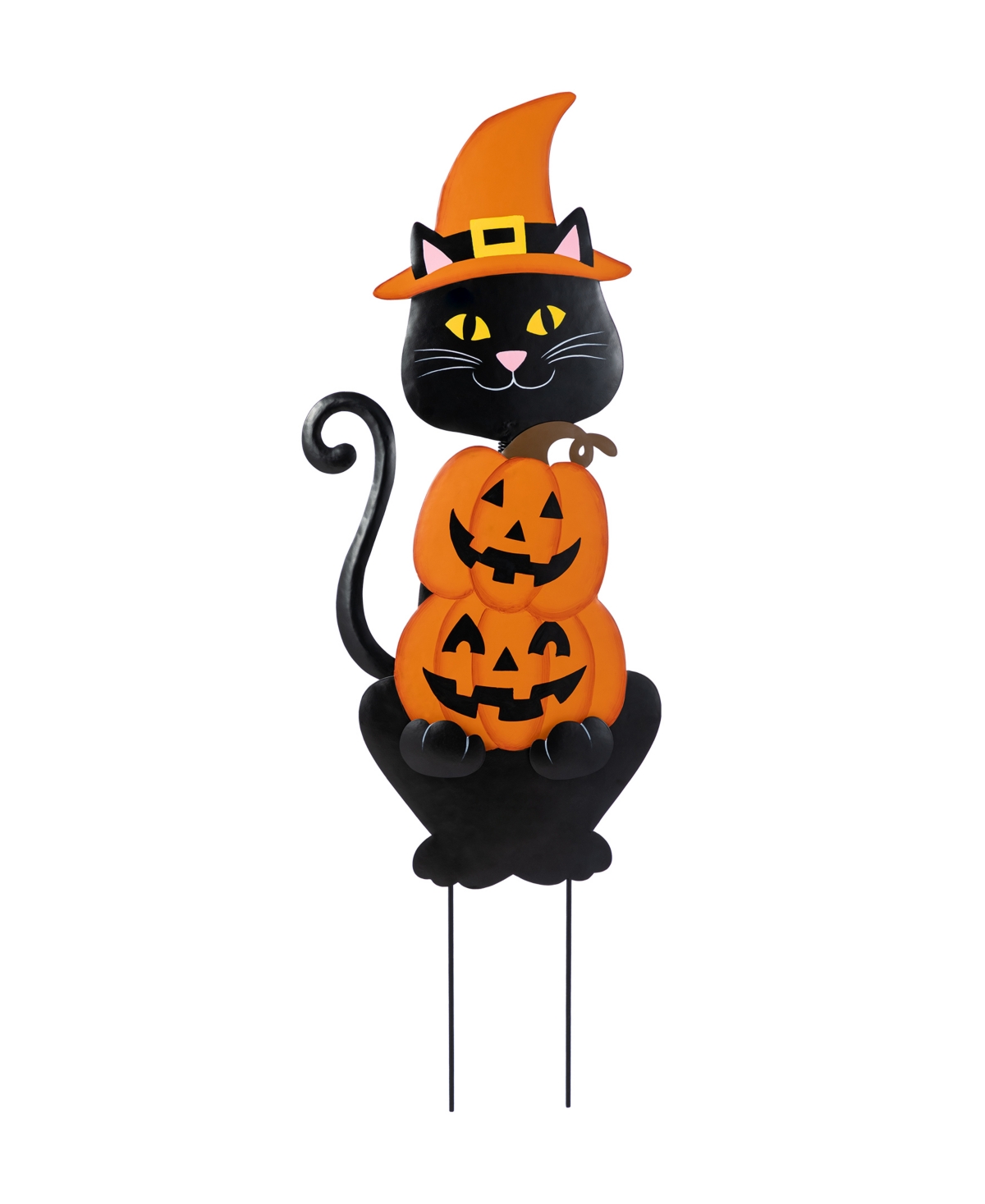 36" Halloween Metal Black Cat with Spring Head and Stacked Pumpkin Yard Stake - Multi