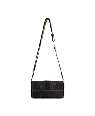 Frayed Denim Flap Bag with Logo Strap
