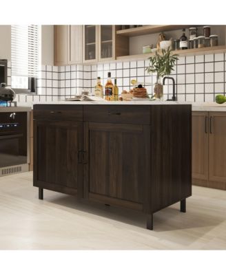 Wooden Storage Cabinet with Marble Pattern, Two Doors, Two Drawers and Pantry Function