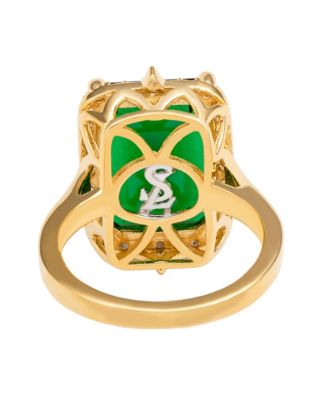 Suzy Levian Yellow Sterling Silver Emerald-Cut Green Cubic Zirconia and Pointed Halo White Cubic Zirconia Ring