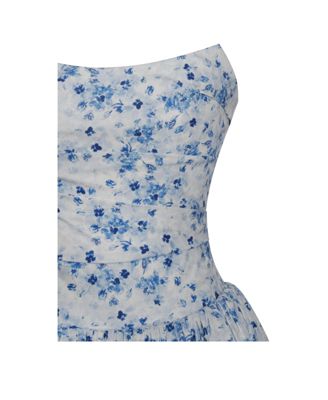 Women's Paloma Blue Print Linen Corset Draping Top Midi Dress