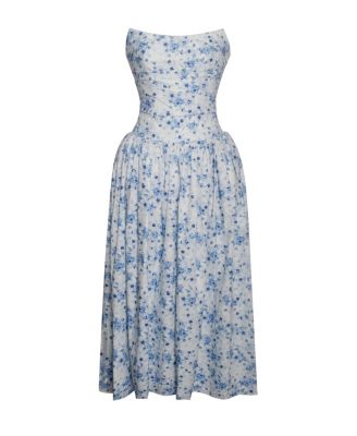 Women's Paloma Blue Print Linen Corset Draping Top Midi Dress