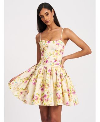 Women's Valda Yellow and Pink Print Linen Mini Dress with Pockets