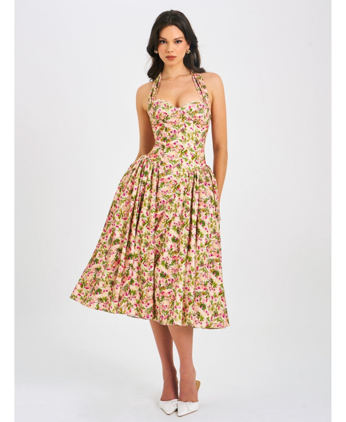 Women Niya Floral Print Linen Halter Corset Maxi Dress - Beige floral