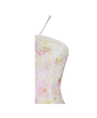 Women's Zaina Yellow Pink Floral Print Lace Trim Linen Midi Dress