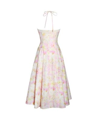 Women's Zaina Yellow Pink Floral Print Lace Trim Linen Midi Dress