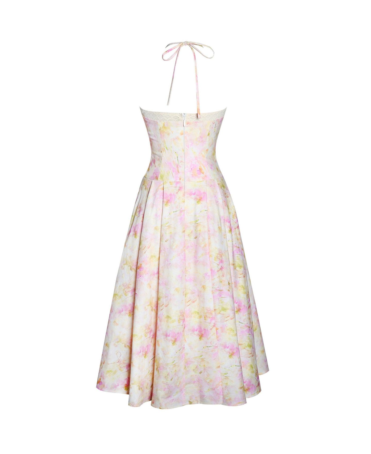 Женское платье Miss Circle Zaina Yellow Pink Floral Print Lace Trim Linen Midi, цвет: Розовый с принтом — фото 11