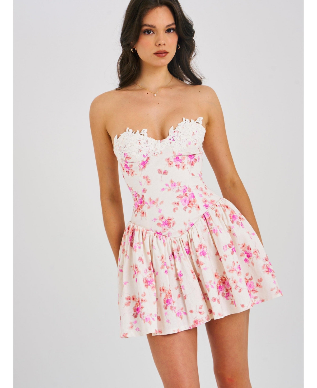 Women's Samara Floral Drop Waist Linen Corset Puffy Mini Dress - Pink floral
