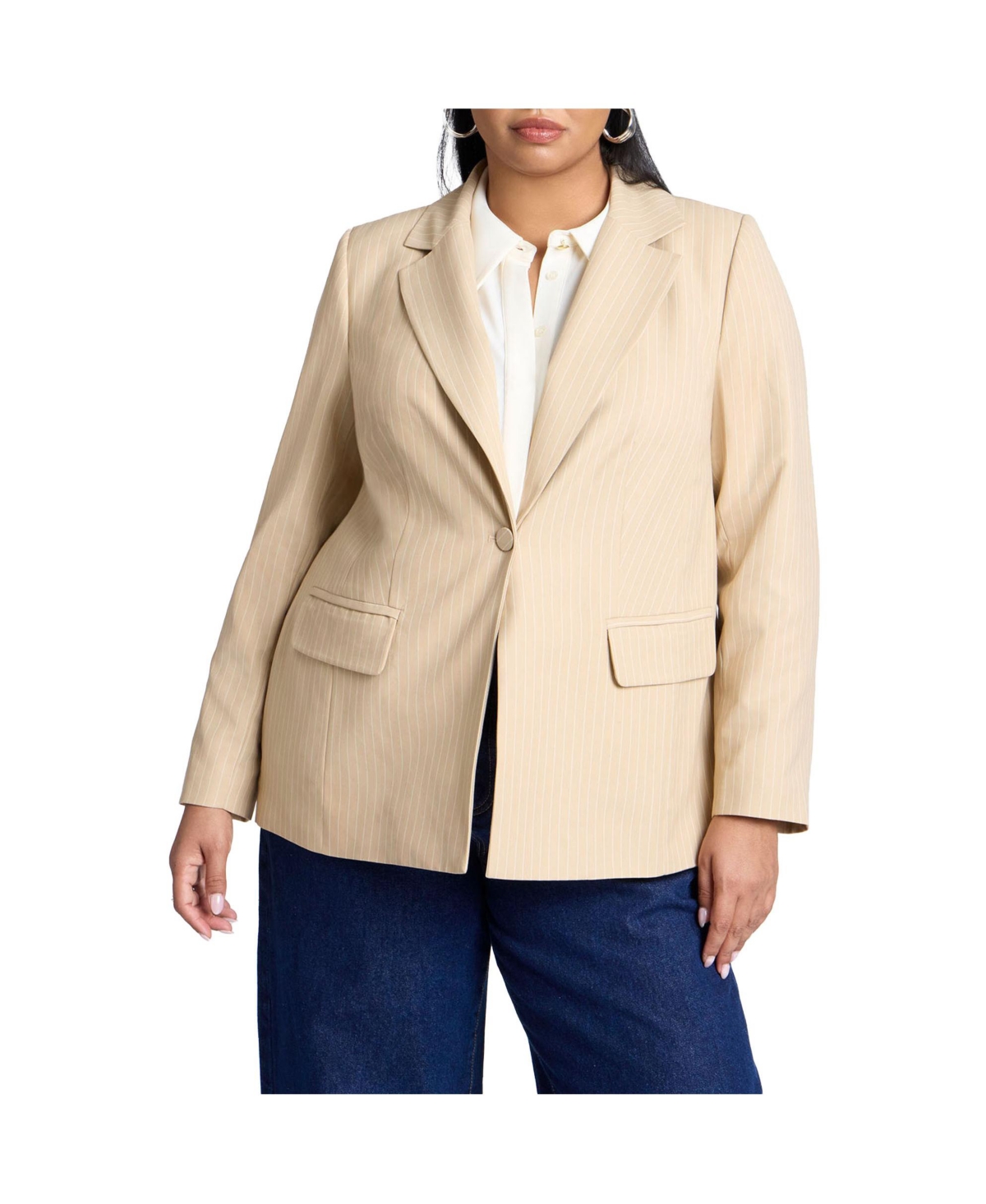 Women's Plus Size Pinstripe Blazer - Tan white stripe