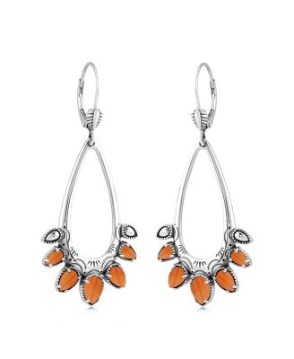Sterling Silver Orange Spiny Oyster Open Pear Gemstone Lever Back Earrings