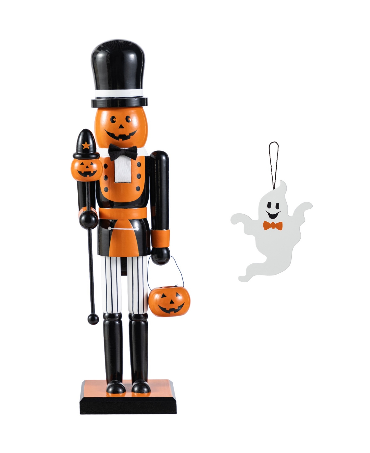 Halloween Wooden Pumpkin Nutcracker with Ghost Ornament, Set of 2 - Multi