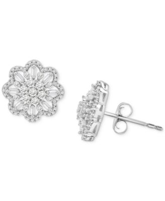 Diamond Round & Baguette Flower Stud Earrings (1 ct. t.w.) in 14k White Gold or 14k Yellow Gold, Exclusively at Macy's