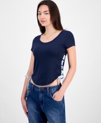 Juniors' Solid Ribbon-Side Short-Sleeve Tee