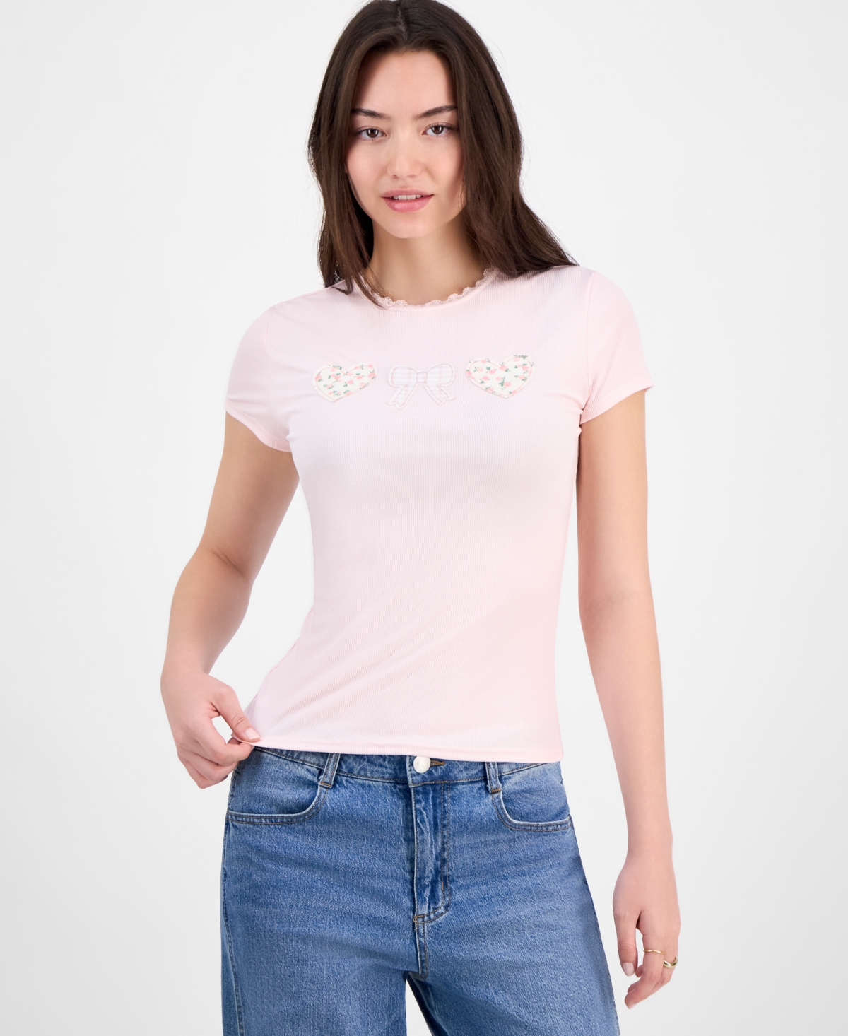Just Polly Juniors' Applique Picot-trim T-shirt In Pink