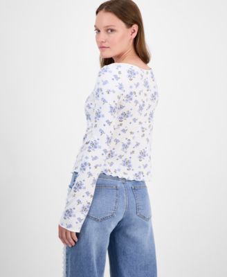 Self-Esteem Juniors' Printed V-Neck Rib Knit Long Sleeve