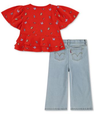 Baby Girls Butterfly-Print Peplum Top and Wide-Leg Jeans, 2 Piece Set	