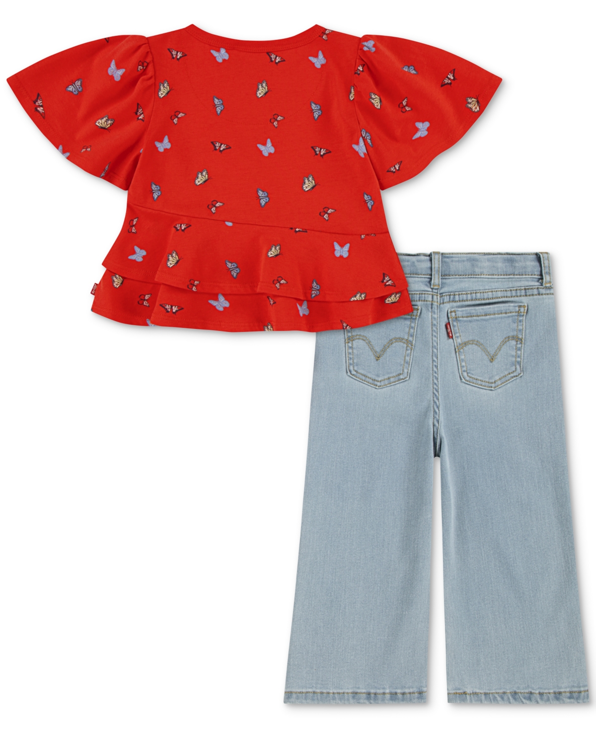 Levi's Baby Girls Butterfly-print Peplum Top And Wide-leg Jeans, 2 Piece Set In Multi