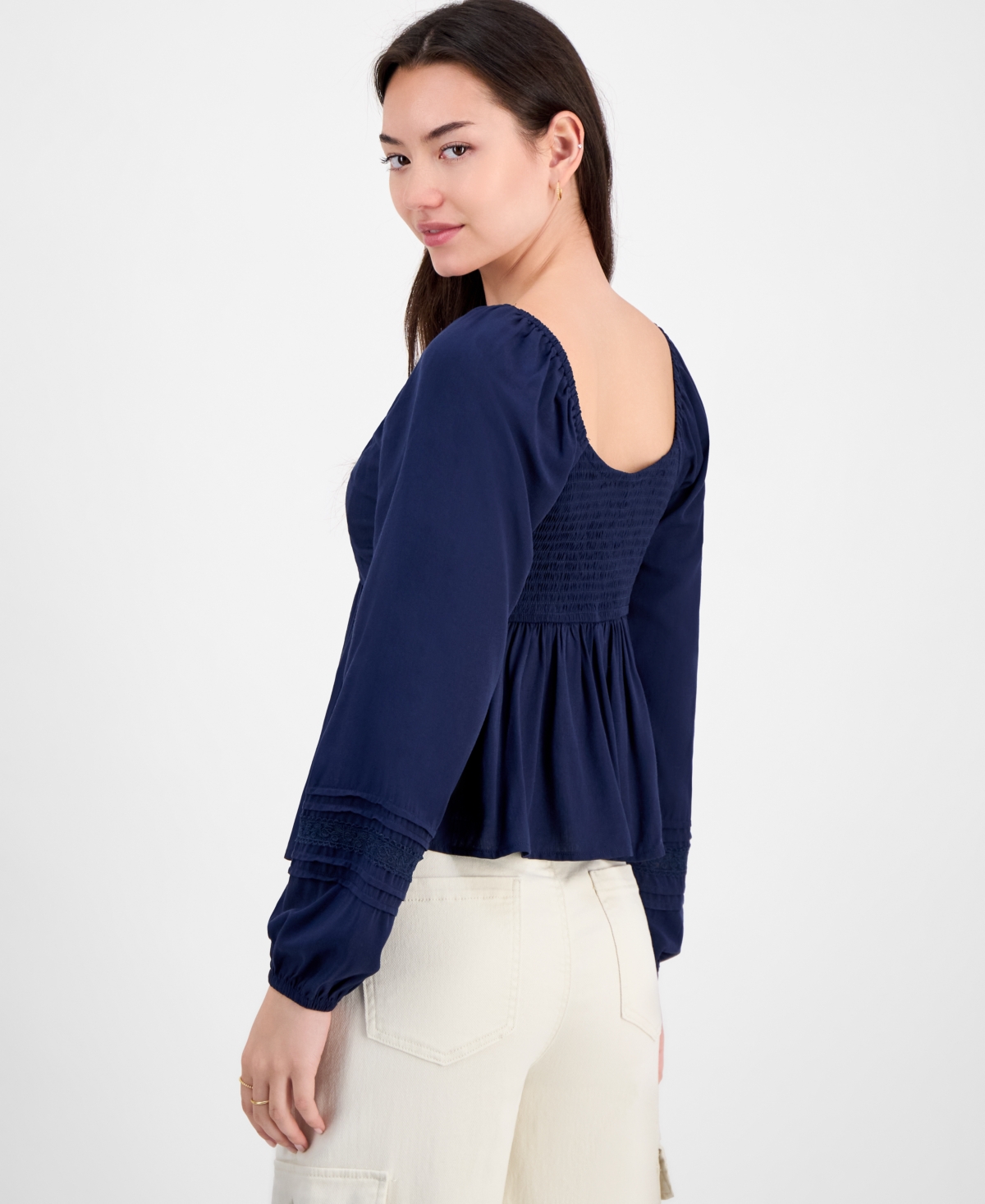 Self Esteem Juniors' Ruched V-neck Lace-inset Blouse In Blue