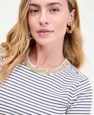 Women's Embellished-Crewneck Rib-Knit T-Shirt, Macy's Exclusive 