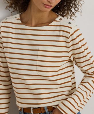 Petite Striped Jersey Snap-Trim Boatneck Top
