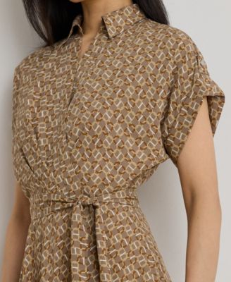 Petite Geo-Print Belted Crepe Dress