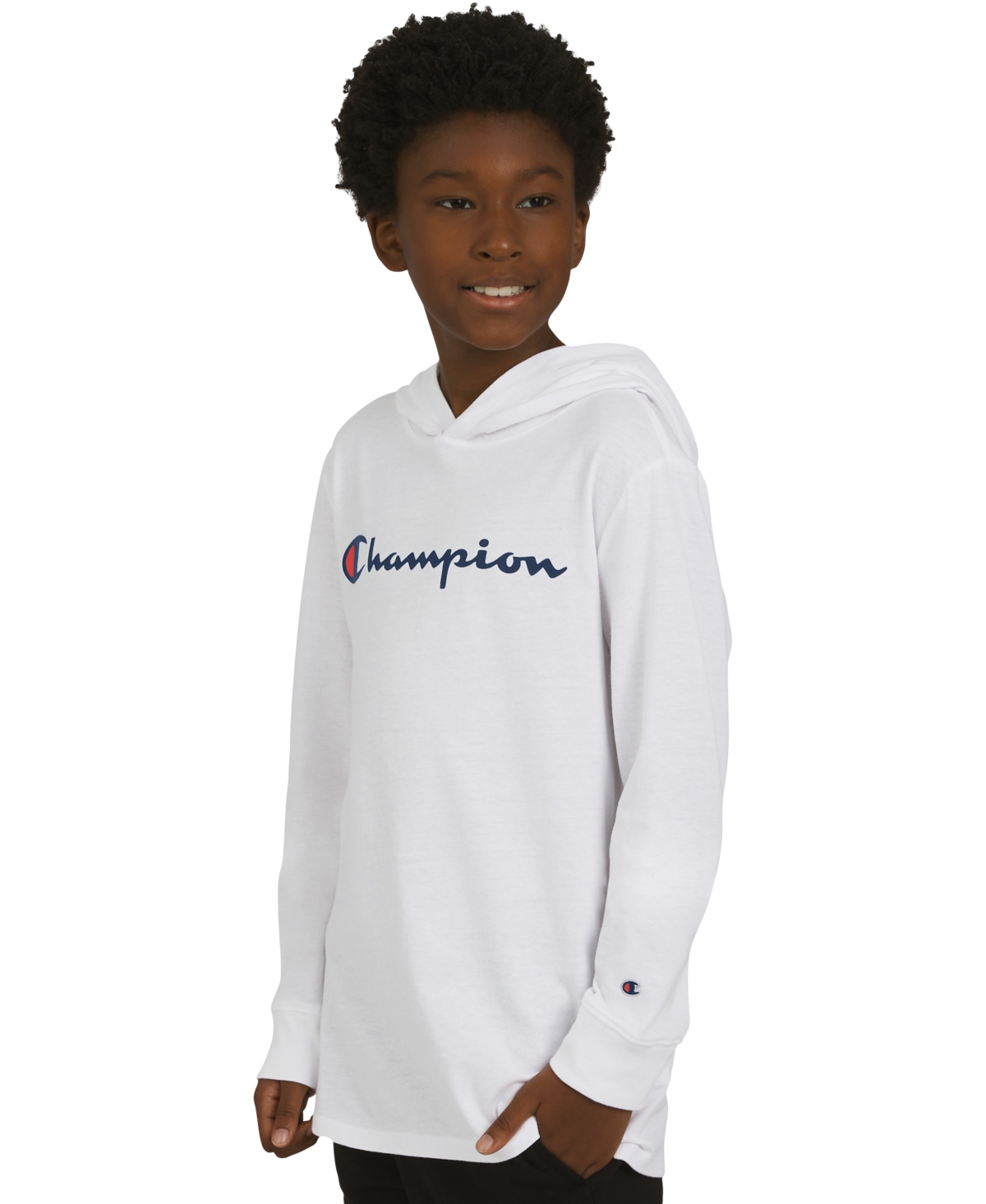 Champion Big Boys Signature Logo Long-sleeve Hooded T-shirt In White