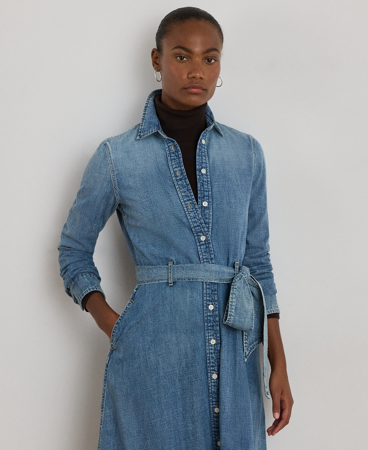 Ralph Lauren Petite Belted Denim Shirtdress In Blue
