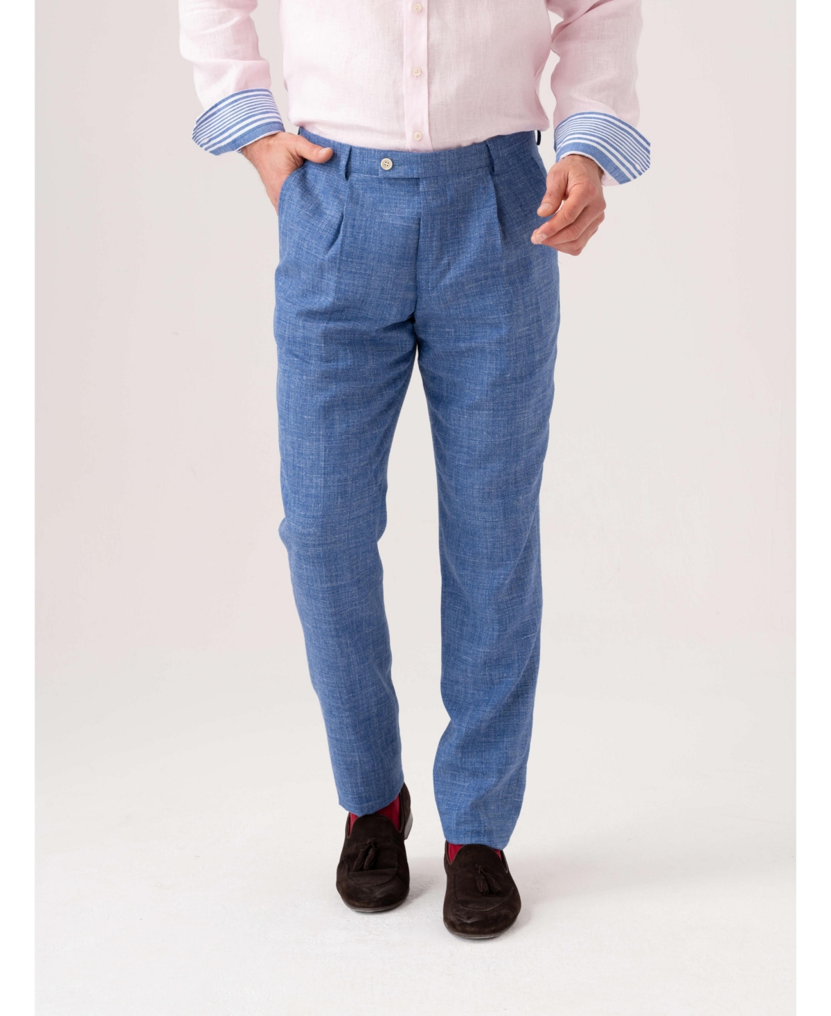 Men's Linen Wool Silk Blend Trousers - Teal blue