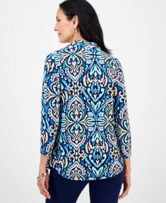 Petite Daniella Damask Printed 3/4-Sleeve Top, Macy's Exclusive