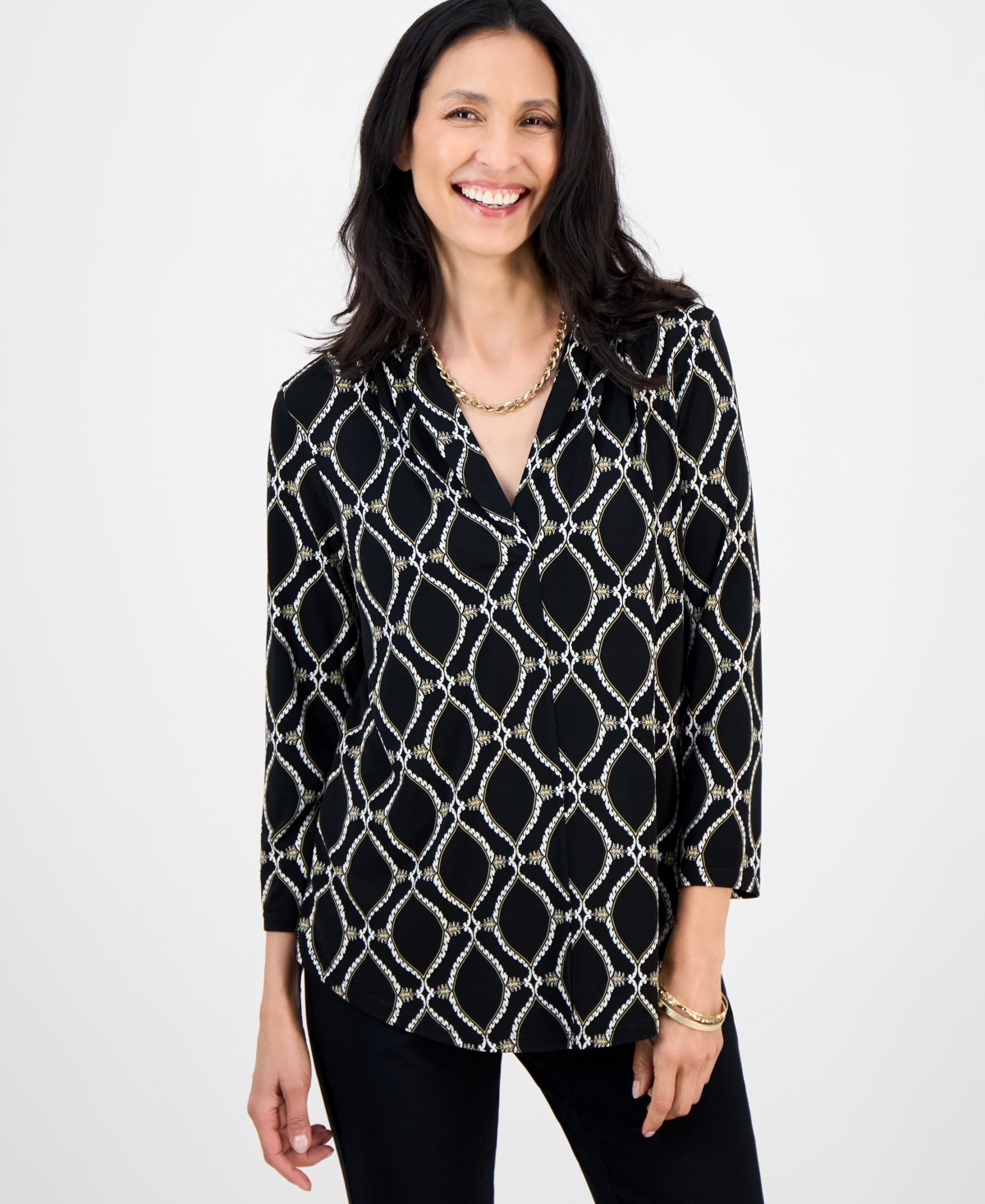 Jm Collection Petite Anita Ornate Printed 3/4-sleeve Top, Macy's Exclusive In Black