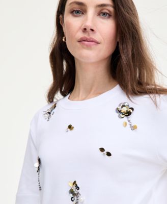 Women's Scattered-Floral-Embellished Cotton T-Shirt, Macy's Exclusive 