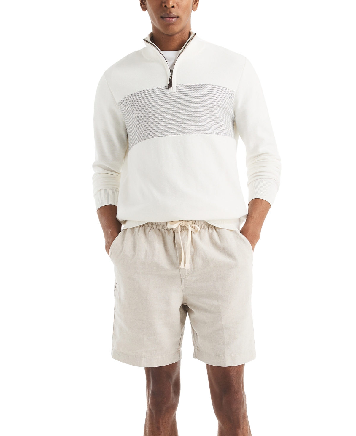 Nautica Men's Textured Quarter-zip Colorblocked Sweater In White