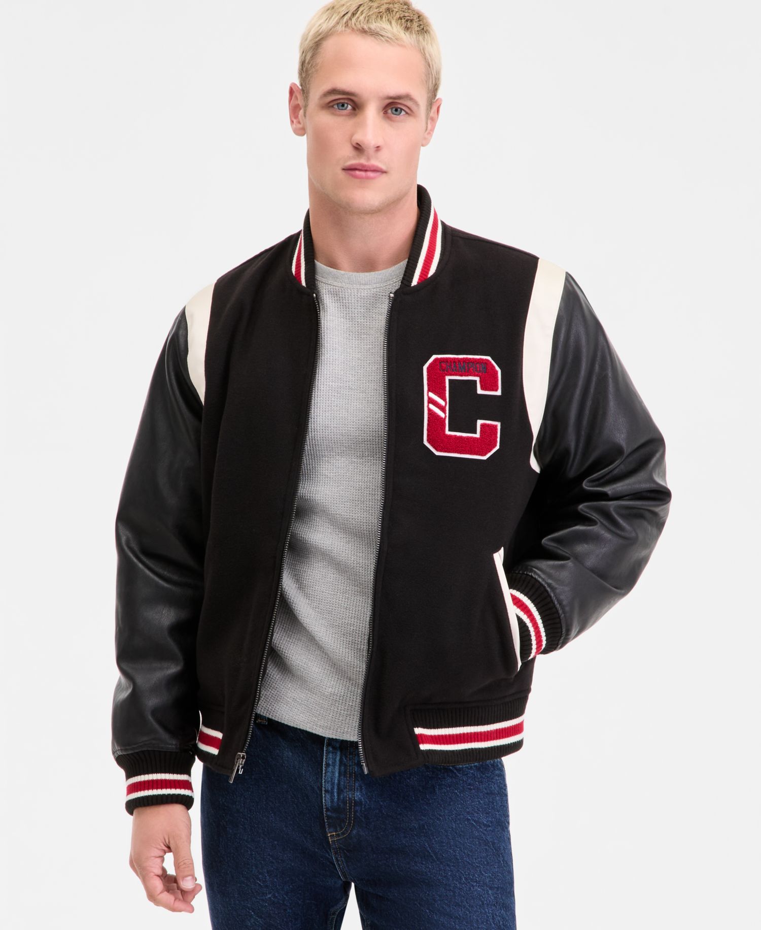 Men's Mixed-Media Varsity Bomber Jacket