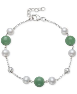 2-Pc. Set Dyed Green Jade & Cultured Freshwater Pearl (6-7mm) Collar Necklace & Bracelet in Sterling Silver