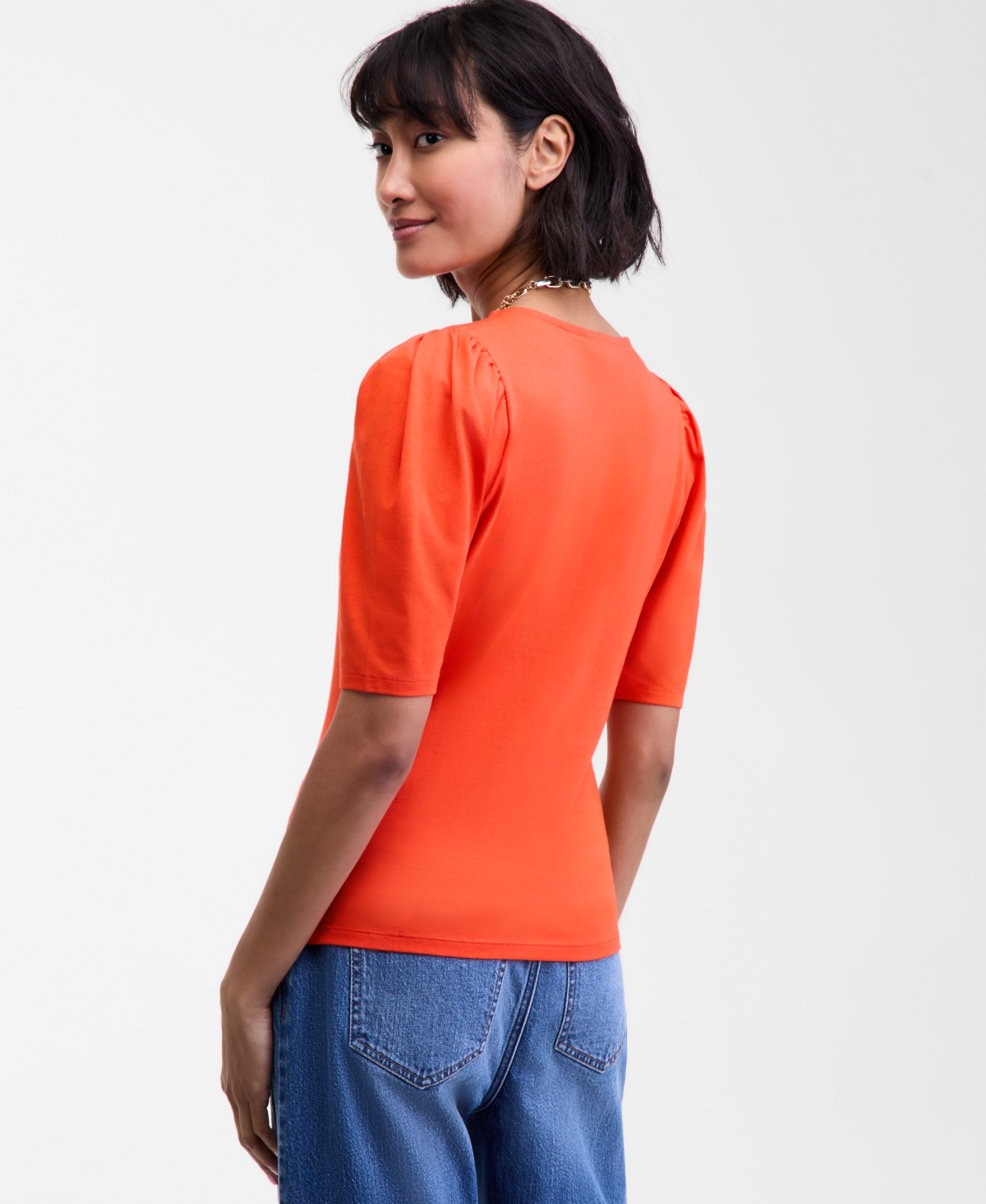 On 34th Trendy Plus Ruched Puff-sleeve Crewneck Top In Orange