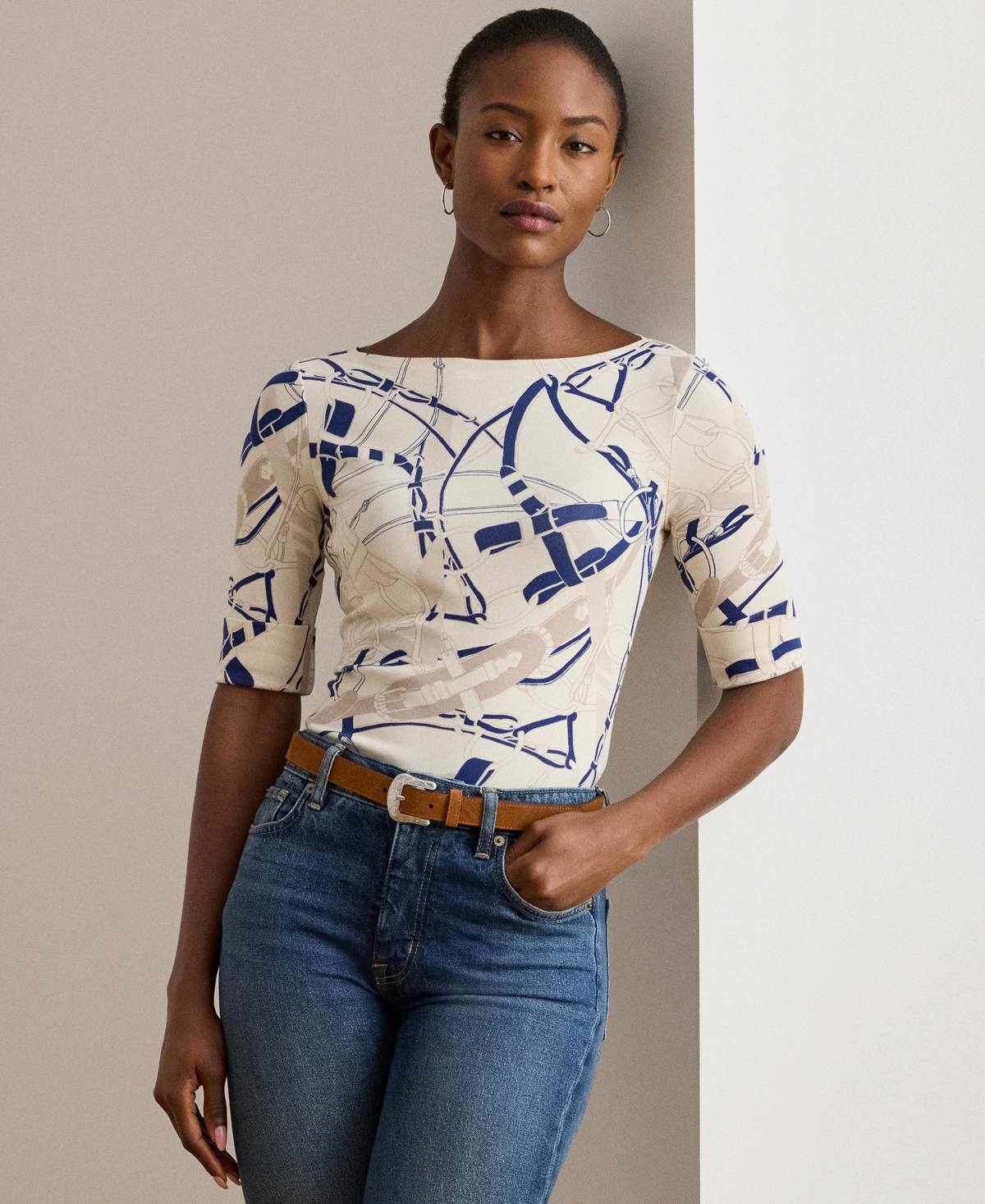 Ralph Lauren Womens Belting Print Cotton Boatneck Tee P Xs Xxl In Neutral