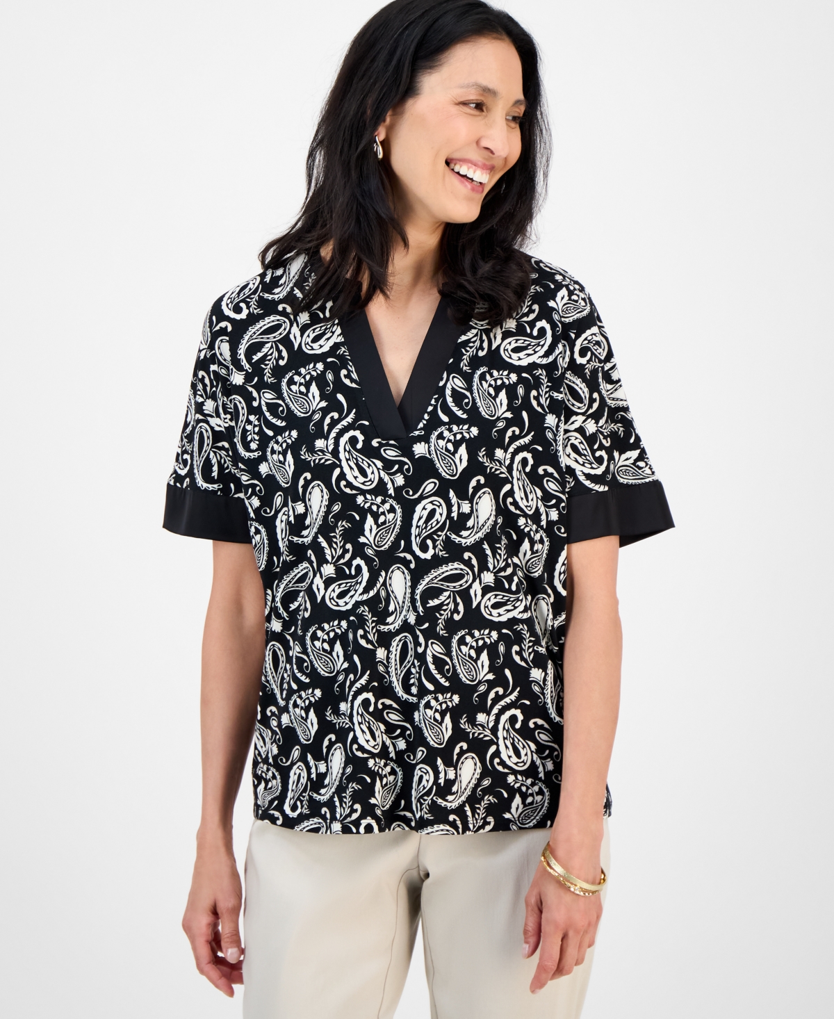 Petite Printed Split-Neck Top, Macy's Exclusive - Aloha Teal Combo