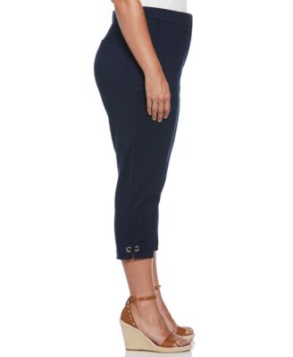 Plus Size Satin Mid Rise Twill Capri Pants with Slant Pocket