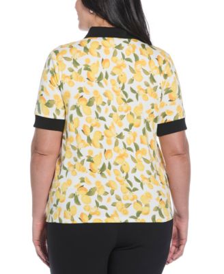 Plus Size Lemon Print Buttoned Elbow Length Sleeve Polo T-Shirt